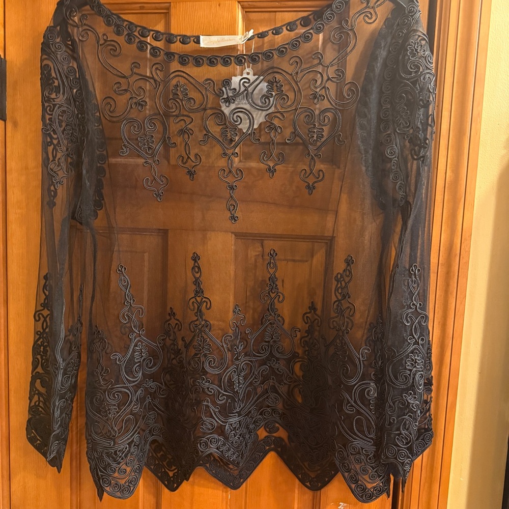 Sheer Embroidered Black Long-Sleeve Top - Picture 10 of 16
